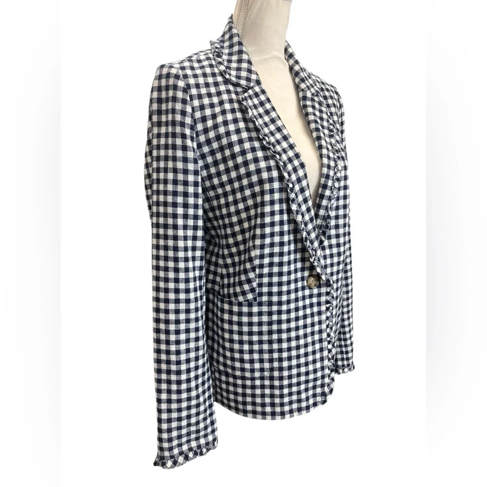 Crown & Ivy Navy Gingham Linen Cotton Blazer Ruffle Trim Size 8 - Picture 5 of 11